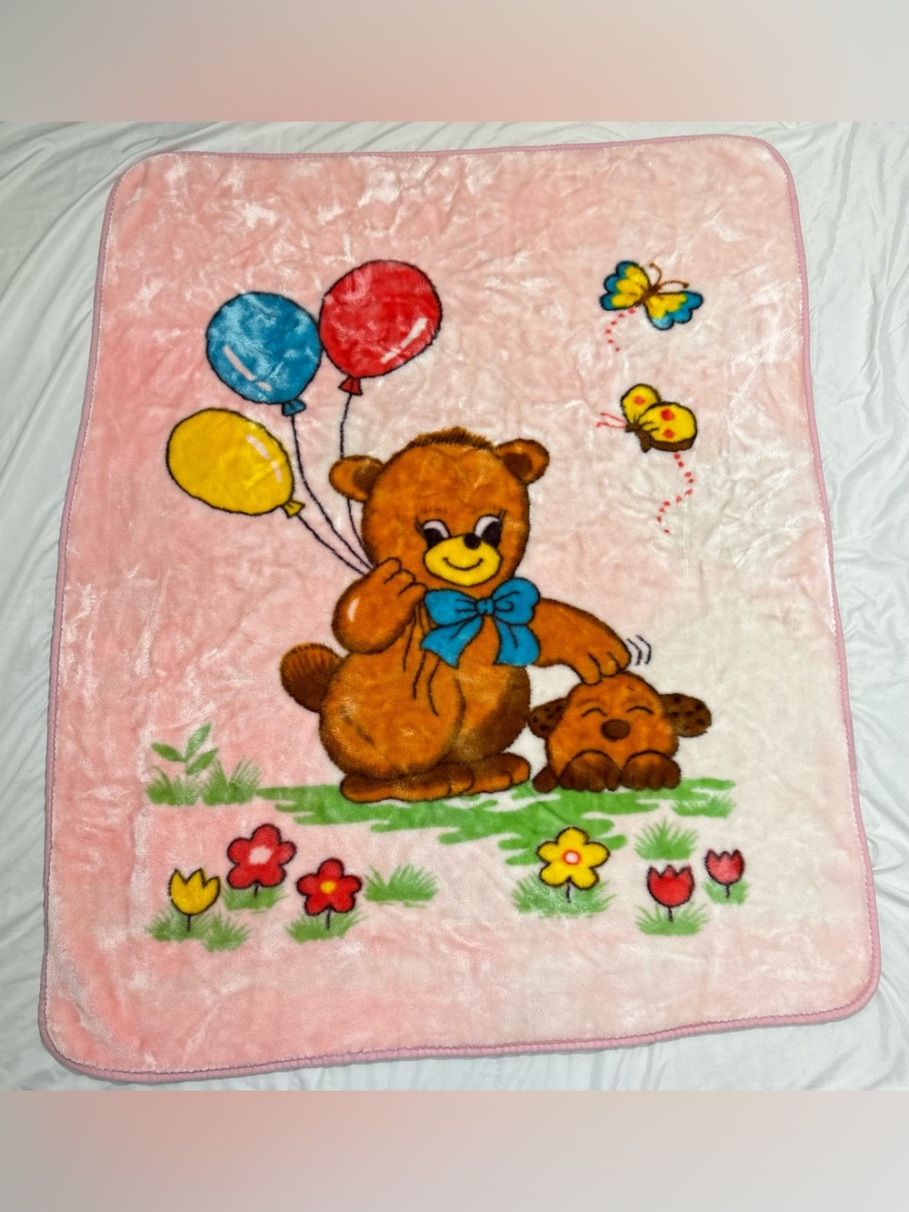 Vintage Thick Pink Plush Mink Baby Blanket Teddy Bear Balloons Puppy Dog 54x43